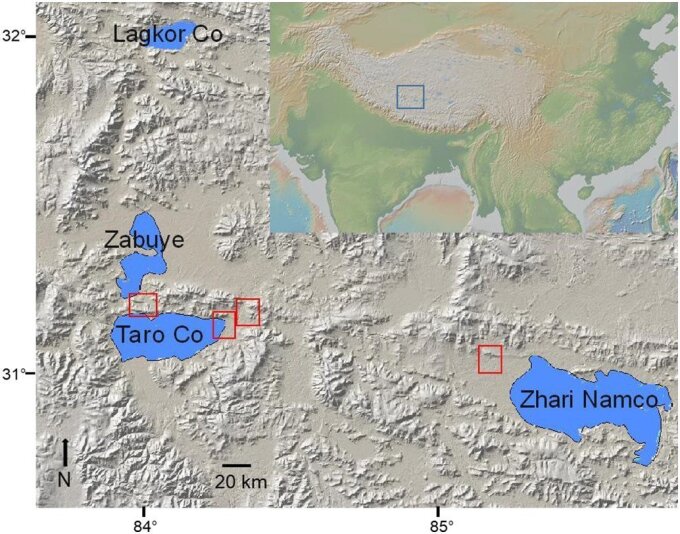 Location of the Tibetan Plateau in China and position of the four studied sites: three of the Taro Co lake system (Taro Co, Zabuye Salt Lake and Lagkor Co) and Zhari Namco